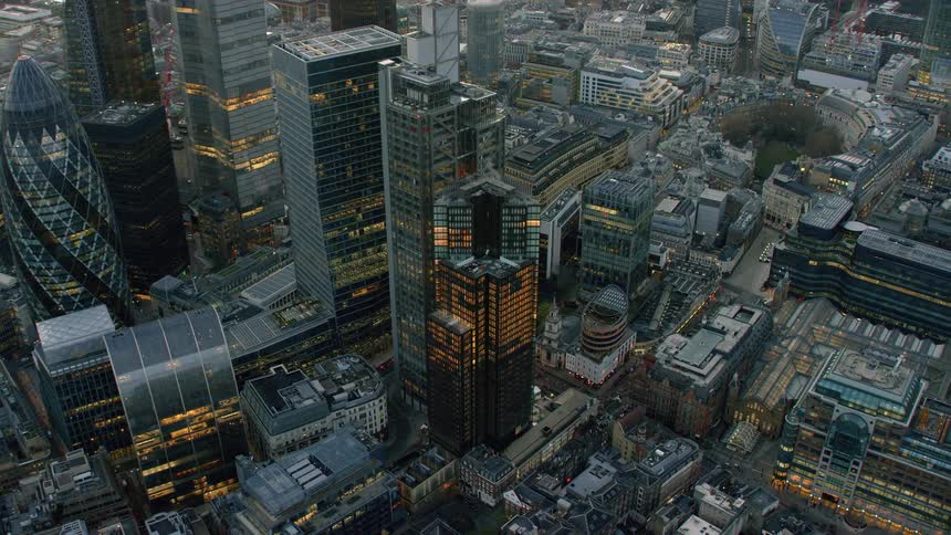 Aerial view of skyscrapers and high rise office buildings in the city