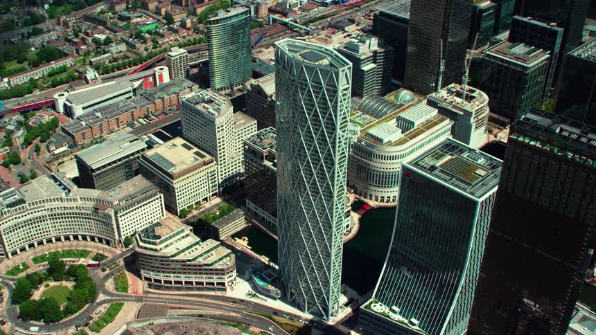 Skyscrapers and a city center are seen from above