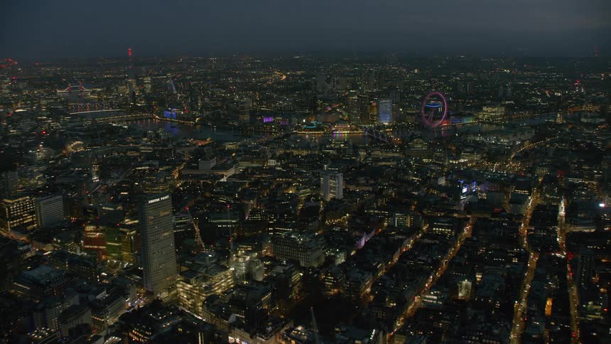 Aerial view of illuminated city of london skyline