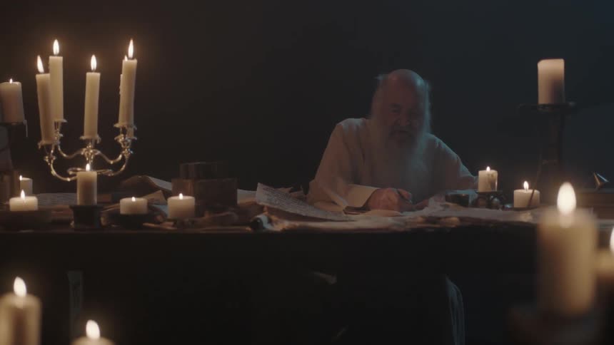 A bald man with a long white beard sits at a table and writes by candle light