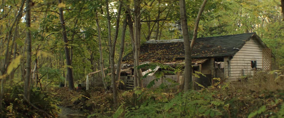 An old cabin sitting in the woods near a stream