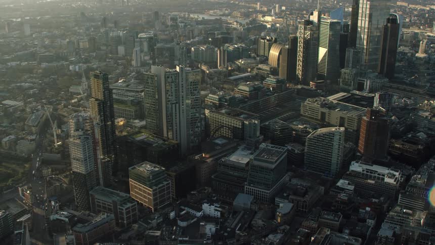 Aerial view of city of london skyline at sunset
