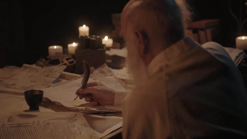 A man writes with a feather quill by candlelight