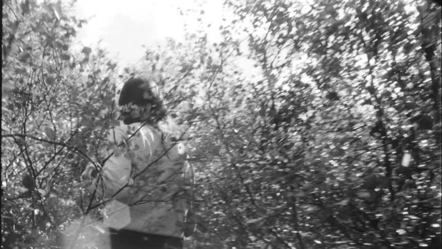 A female walking quickly through shrubs and trees