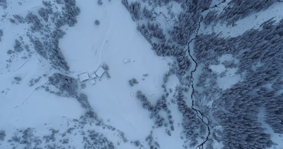 Aerial view of buildings in the snowy countryside near the forest and stream