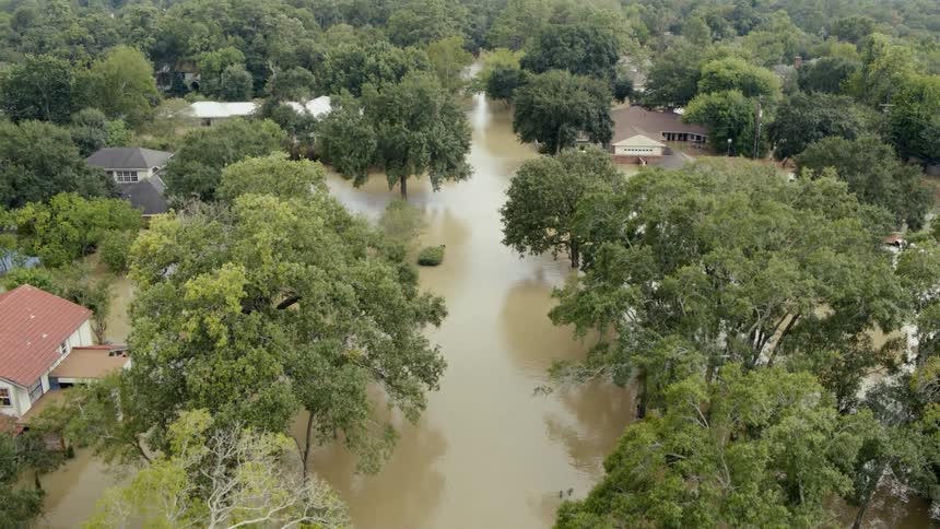 Flood waters covering houses reflects trees