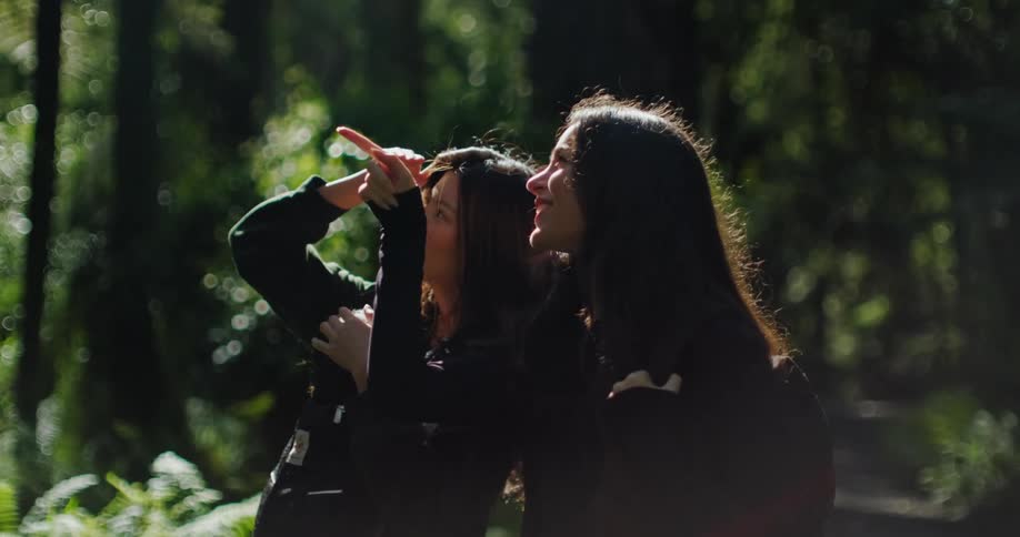 Two women on a trail in the woods sight seeing