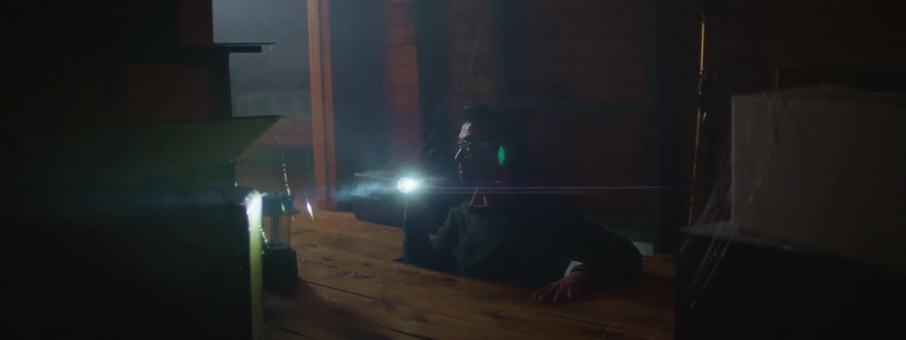 Man with glasses and green sweater uses hand light in the attic