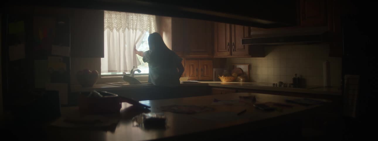 A female is looking out a kitchen window