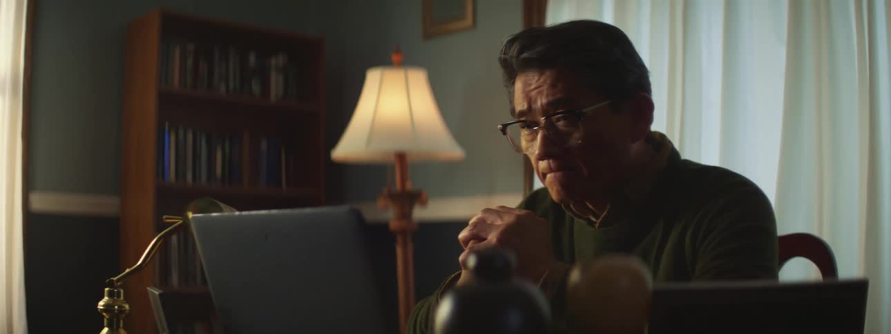 Man with glasses and green sweater sits at table looking at laptop waits with anticipation and smiles in room