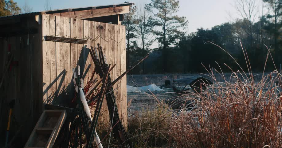 Small wooden shack on the countryside at morning