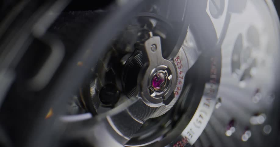 A view of a balance wheel on a watch