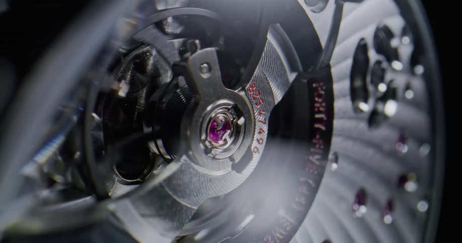 A view of a balance wheel on a watch
