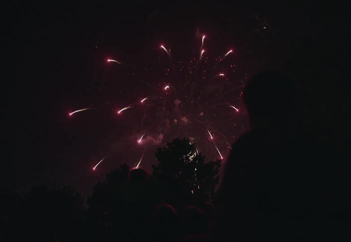 People are watching a firework show outdoors at night