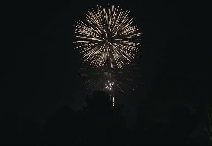 Colorful fireworks glow in the darkness as they explode across the night sky