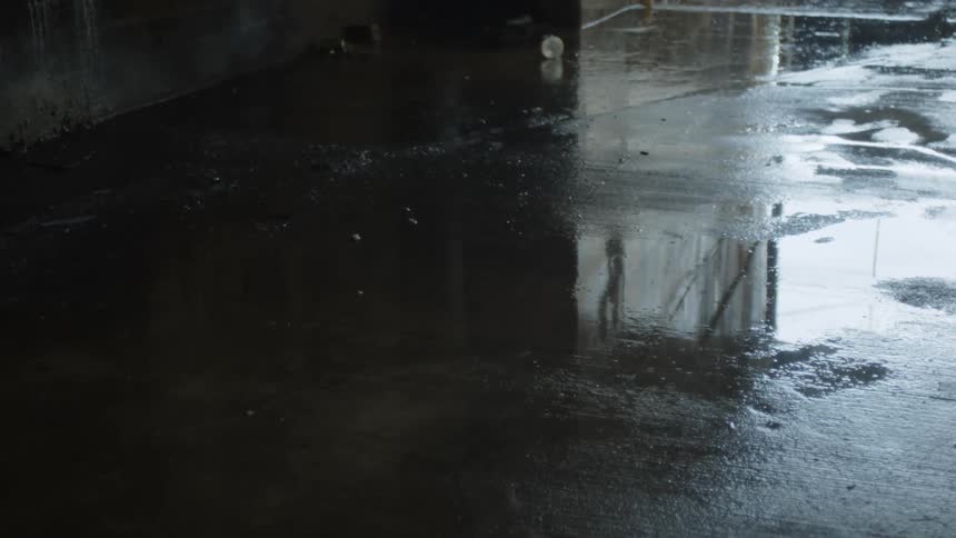 Rainfall puddles on cement outside a building