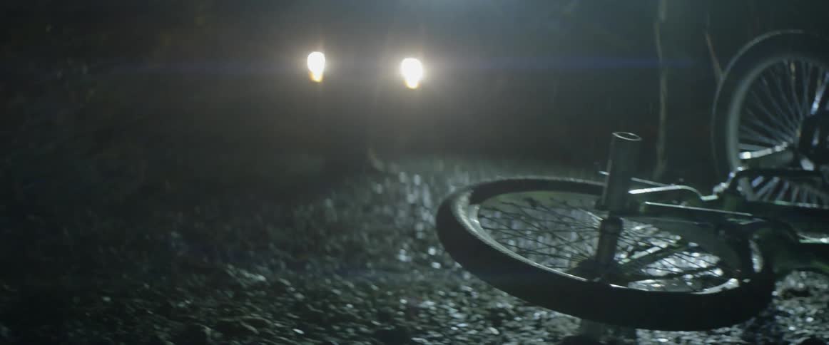 A person walks up to a fallen bike on a rainy night
