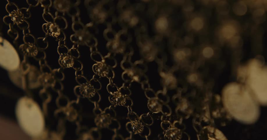 Gold coins hang and move from chain mail