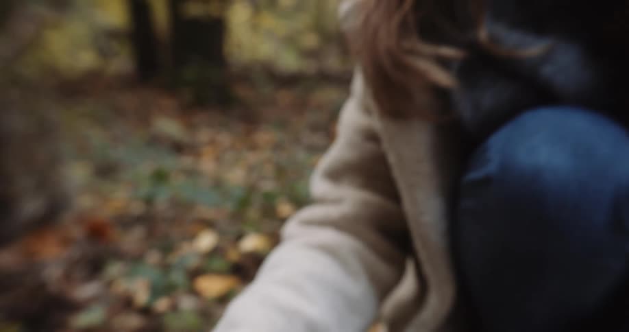 A young woman holds a metal detector to a true stump in the woods
