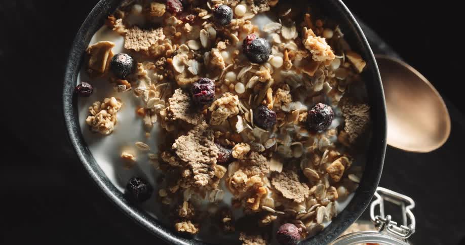 Closeup of a bowl of granola on table