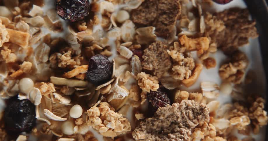 Close up view of cereal for breakfast is displayed