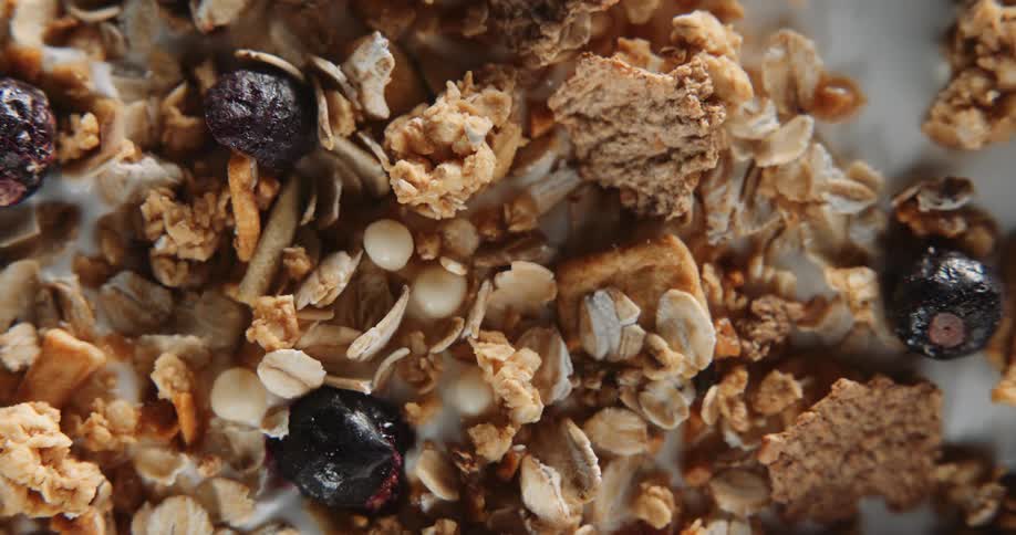 Extreme close up of raisins nuts and cranberries on a breakfast mix