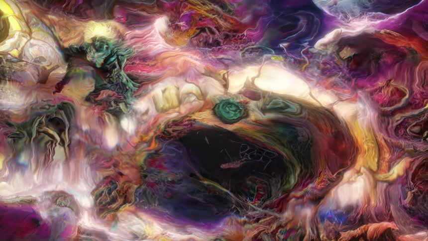 Colored wisps move and blend around a dark area as they grow over it and the organic surface become brighter