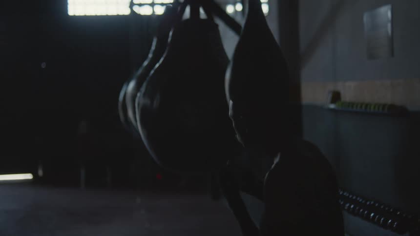 Boxer punches boxing bag in boxing gym