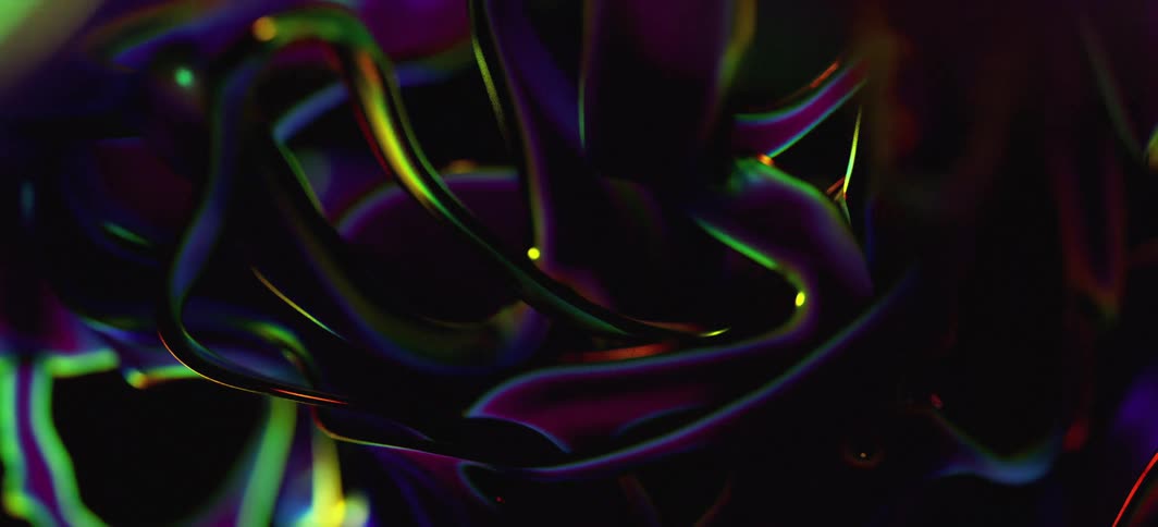 Neon fluorescent lines and balls are bending and moving in the darkness