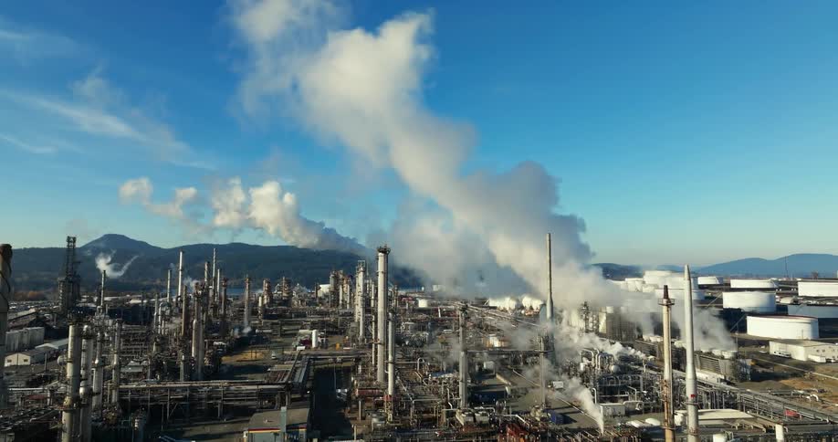Low traverse over the complex machinery of a working oil refinery