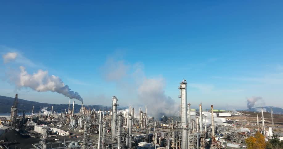 Tilt down from brilliant blue sky to smoke and stream emanating from a large petrolium refinery
