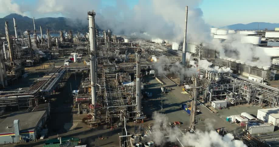 Low push along the columns and stacks of a large fossil fuel refinery plant