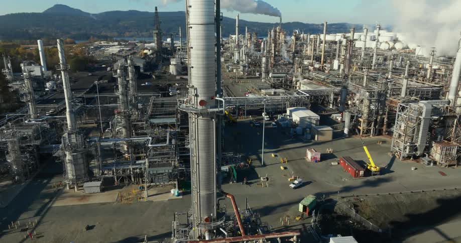 Orbiting around a tall distillation column and attached machinery at a refinery