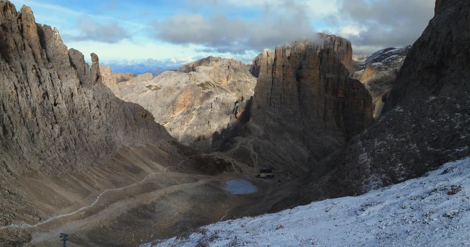 Aerial view of mountains during the winter is displayed