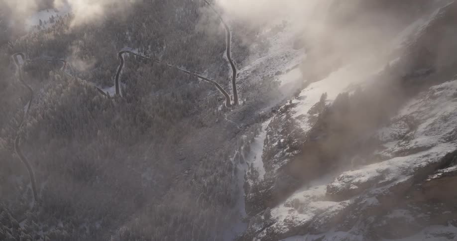 Birds eye view of mountains are displayed during winter