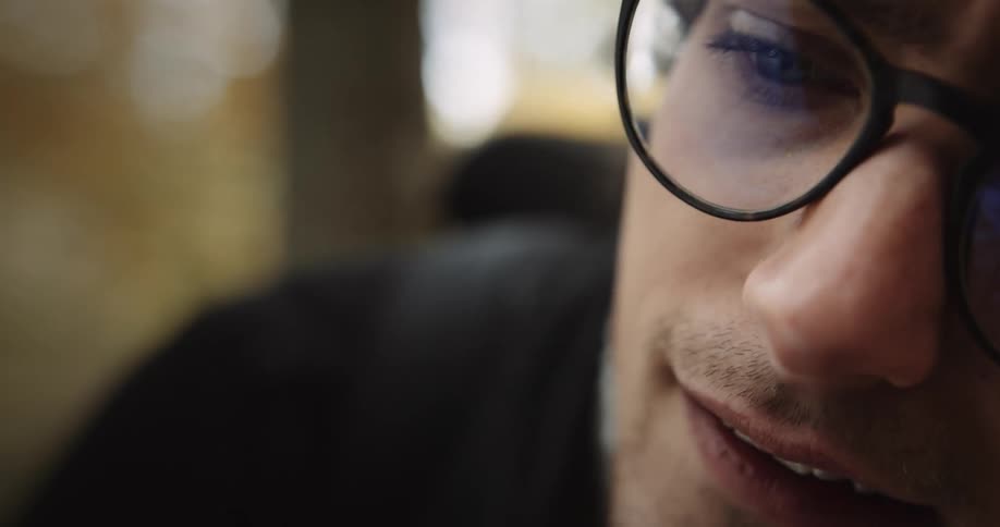 Close up view of a persons face is displayed