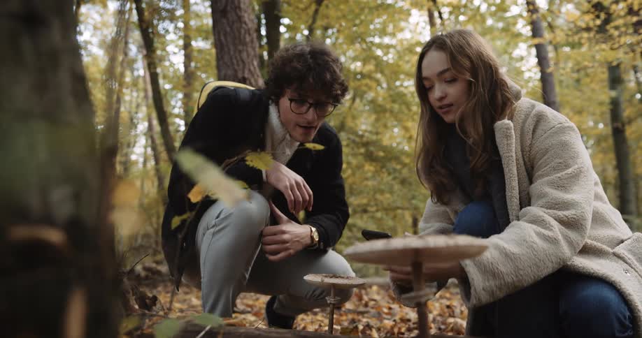 Two teenagers are walking through the woods and they stop to look at mushrooms on the ground and she takes a picture with her cell phone