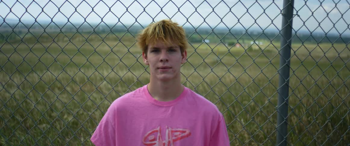 A portrait of a boy in a pink shirt standing in front of a chain linked fence