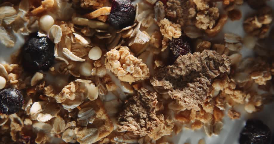 Close up view of cereal in a bowl is displayed