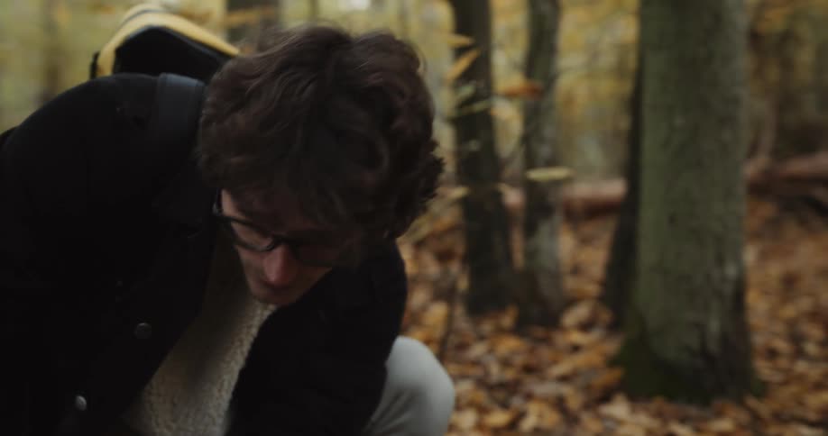 A male is outdoors and looking at trees in a forest