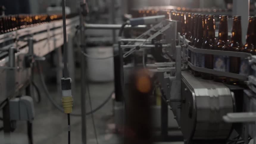 Bottles move along a conveyor belt