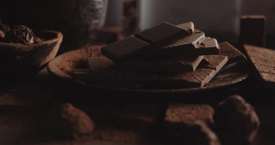 Pieces of chocolate is stacked on a table