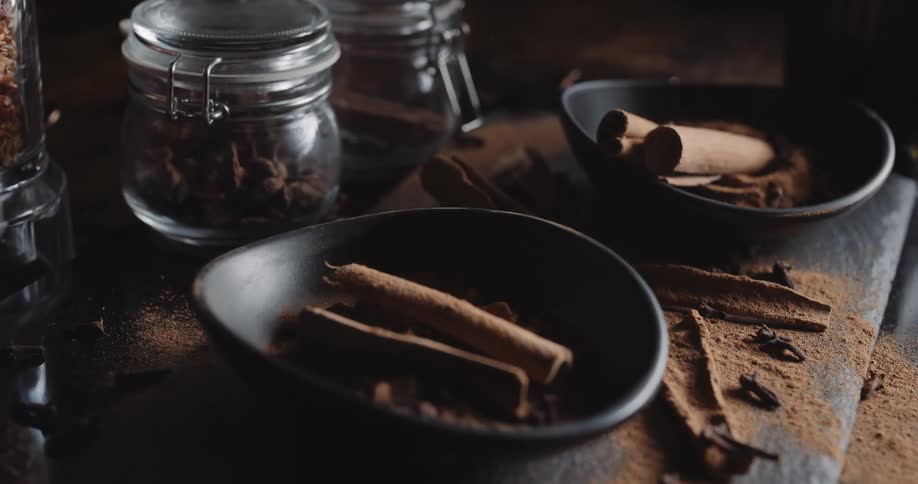 Cinnamon is in the bowls and jars