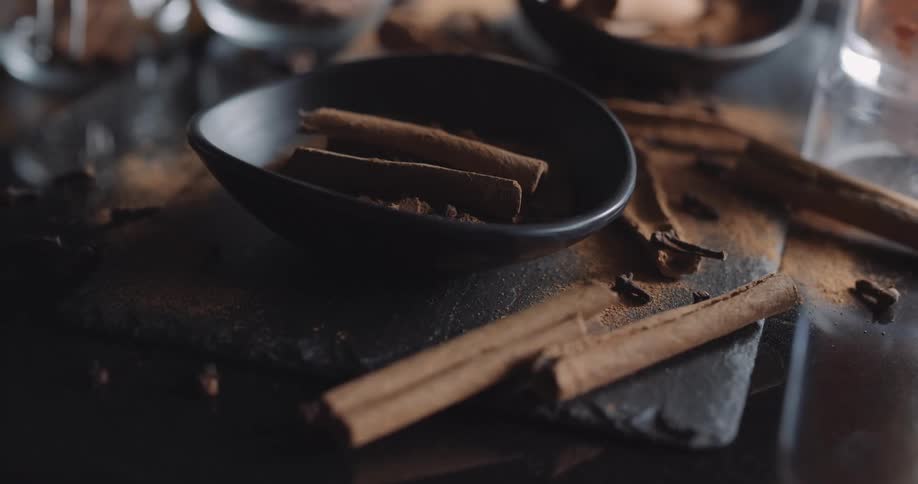 Cinnamon and chocolate are in the bowl