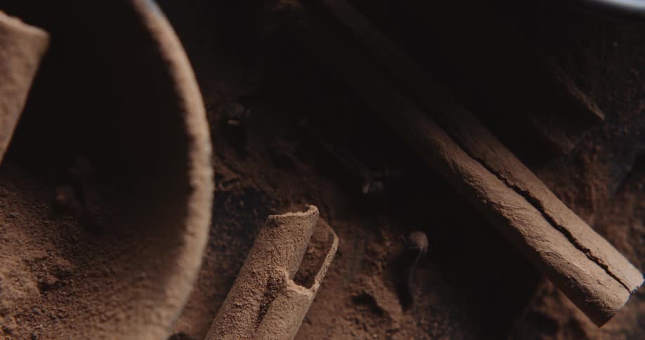 Cocoa powder and cinnamon sticks on a countertop