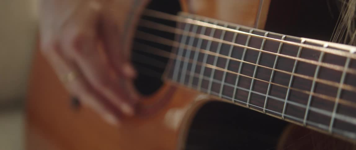 Close up view of a woman playing an acoustic guitar is displayed