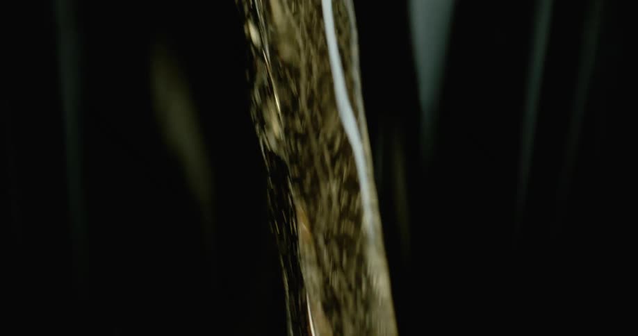 Light shines on beer as it is pouring into a glass and bubbles rise and foam from the bottom