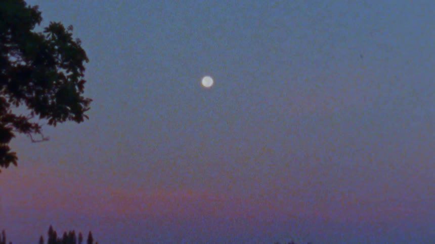 Close up of the full moon over the silhouette of trees next to the coast caught on vintage film