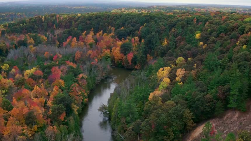 Aerial view of a river winding through a forested area in the fall