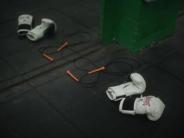 A pair of gloves and jump ropes on the floor in the gym